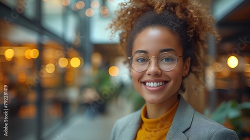 Smiling and confident African-American female executive - close-up shot - blurred background 