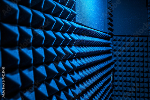 Background of studio sound dampening acoustical foam and LED light. Music romm. Soundproof romm. Low key photo photo