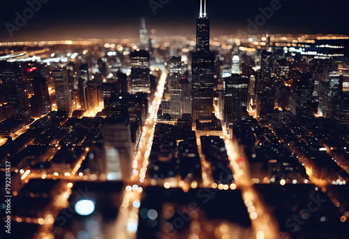 'view Aerial Chicago Night City Aerial Night View Grid Chicago Sky Lights Panorama Angle Horizon Dark Wide Sunset Dawn Dusk Twilight Panarama Clouds Cityscape Infinite Streets Streetlights Usa' photo