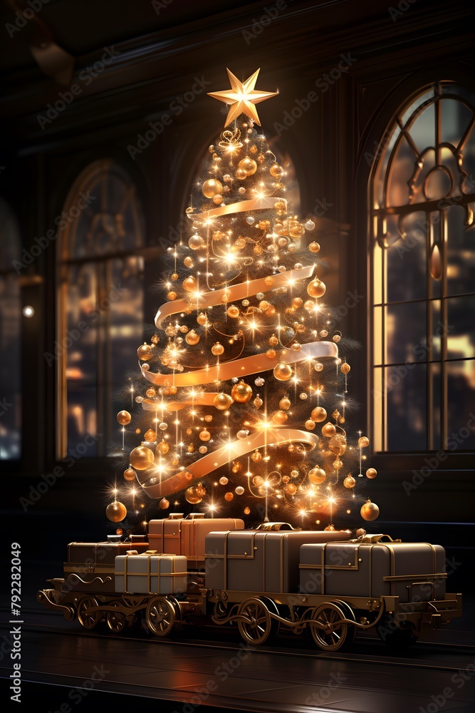 3d illustration of christmas tree and train with gifts at night