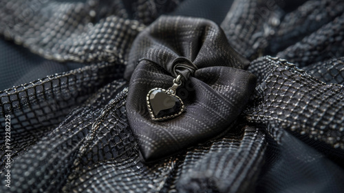 A mourning brooch in the shape of a black ribbon made of jet and adorned with a silver heart charm representing the eternal love and grief of the wearer. .