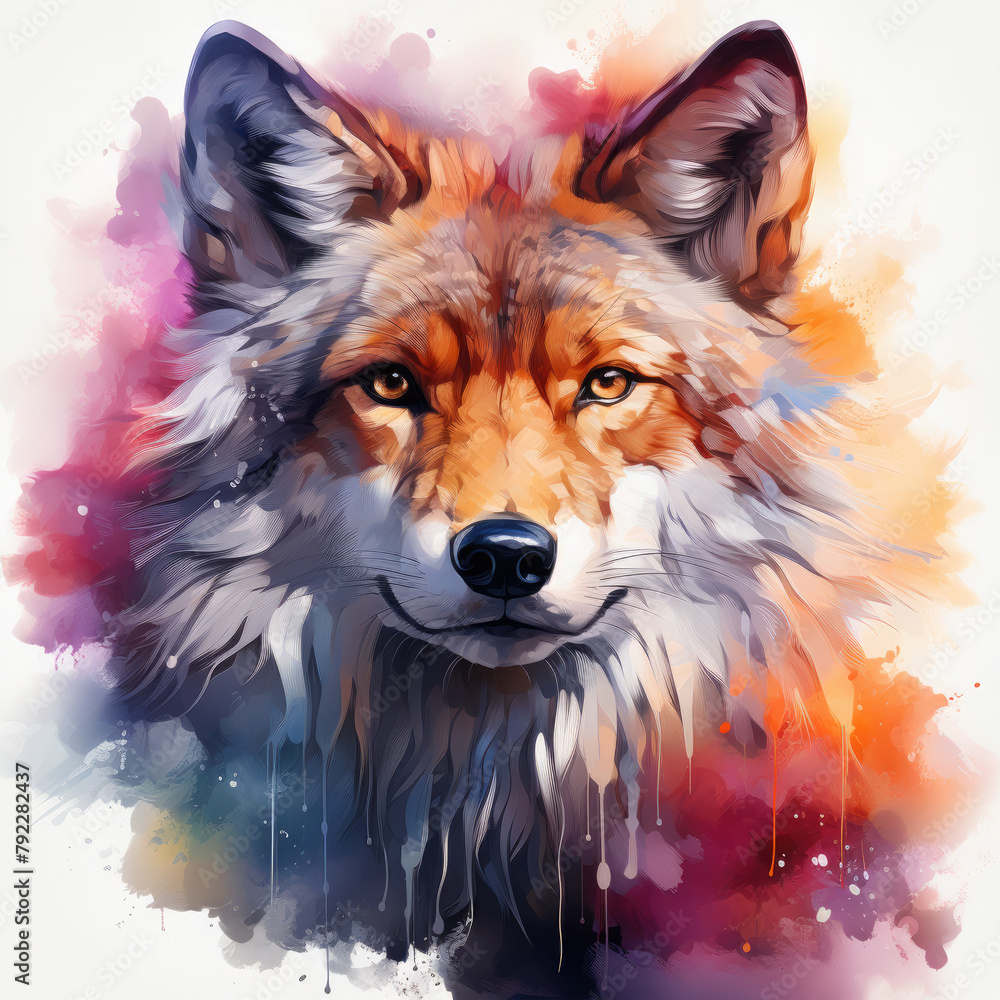 Naklejka premium Watercolor Wolf Head, clipart Illustration, Generative Ai