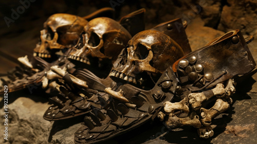 A set of spurs their jingling sound rep by the eerie clatter of bones as their wearer walks. .