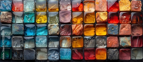 Different colored rocks of various shapes and sizes are displayed in a close-up shot, showcasing their unique textures and hues photo