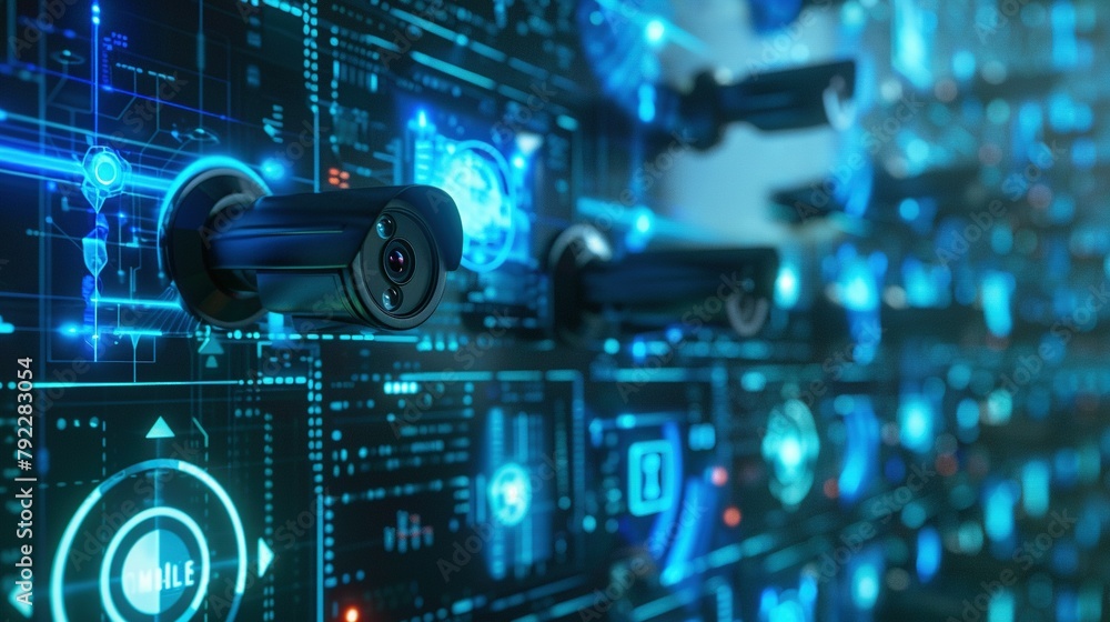 wide banner of security CCTV cameras and guard monitoring screen hud UI for advanced surveillance secure protection system and recording tape archive with online network IP connection wide banner of security CCTV cameras and guard monitoring screen hud UI for advanced surveillance secure protection system and recording tape archive with online network IP connection