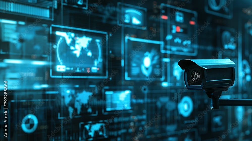 Fototapeta premium Security CCTV Cameras and Guard Monitoring Screen HUD UI