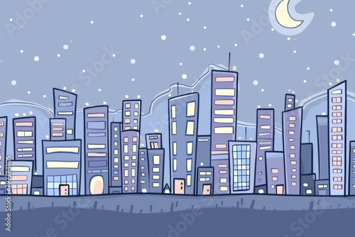 Cartoon cute doodles of a favorite spot in the city skyline with skyscrapers, lights, and bustling streets below, Generative AI