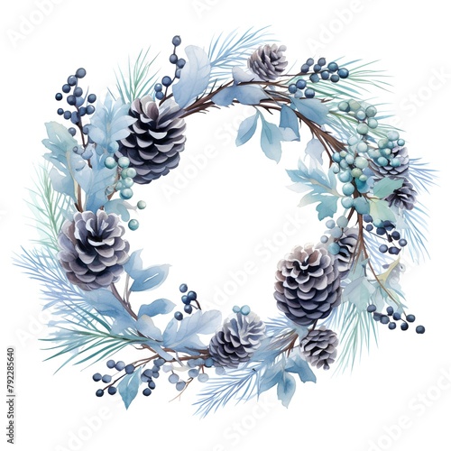 Watercolor Christmas wreath with fir branches, pine cones and berries. © hungryai