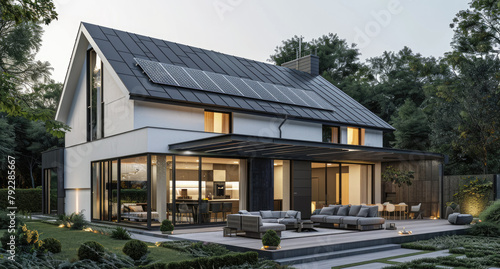 3D rendering of an exterior view, modern house with white walls and black roof. The left side has large windows on the ground floor that open to outside terrace with glass wall and sofa set © Kien