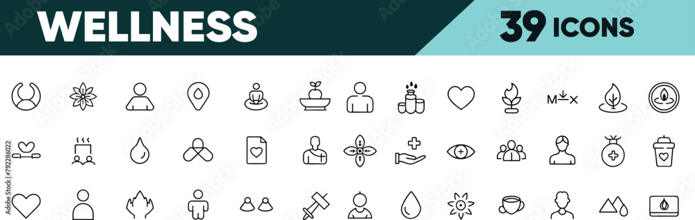 Set of 39 line icons related to wellness, wellbeing, mental health, healthcare, cosmetics, spa, medical. Outline icon collection. Editable stroke. Vector illustration Set of 39 line icons related to wellness, wellbeing, mental health, healthcare, cosmetics, spa, medical. Outline icon collection. Editable stroke. Vector illustration