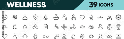 Set of 39 line icons related to wellness, wellbeing, mental health, healthcare, cosmetics, spa, medical. Outline icon collection. Editable stroke. Vector illustration