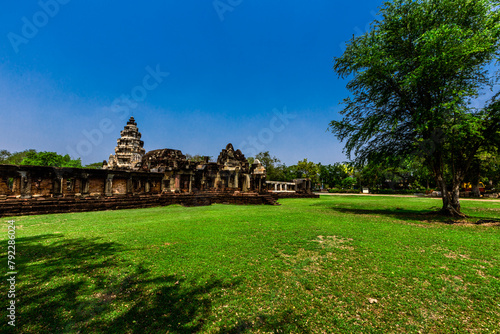 Background of old sculptures in Prasat Hin Phanom Wan, there are old Buddha statues installed within the park, allowing tourists to study the history of the Korat area, Thailand. © bangprik