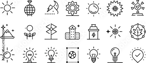 Solar Energy Line Editable Icons set. Vector illustration in modern thin outline style of sun power photovoltaic (PV) home system and renewable electric energy technology signs