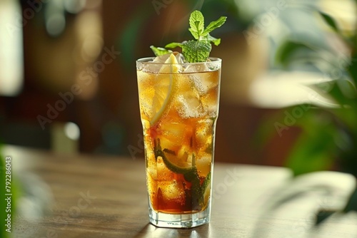 Iced tea with lemon slices and mint leaves