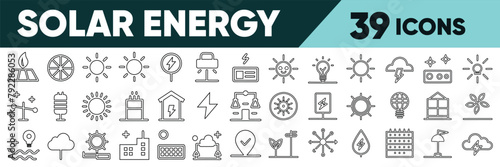 Solar Energy Line Editable Icons set. Vector illustration in modern thin outline style of sun power photovoltaic (PV) home system and renewable electric energy technology signs
