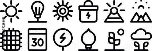 Solar Energy Line Editable Icons set. Vector illustration in modern thin outline style of sun power photovoltaic (PV) home system and renewable electric energy technology signs