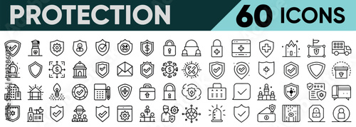 Set of 60 outline icons related to protection. Linear icon collection. Editable stroke. Vector illustration