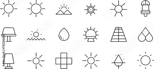 Solar Energy Line Editable Icons set. Vector illustration in modern thin outline style of sun power photovoltaic (PV) home system and renewable electric energy technology signs
