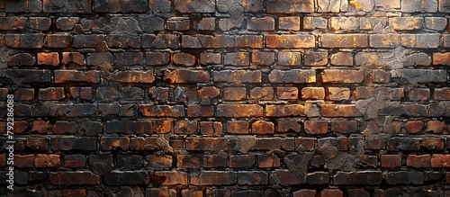 An old and worn brick wall is illuminated by a beam of light shining directly on its surface, showcasing rust and texture