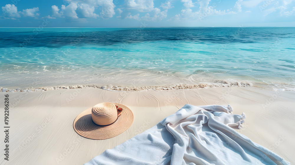 A beach view with a hat and scarf on the white sand and clear seawater background. Summer vacation concepts.