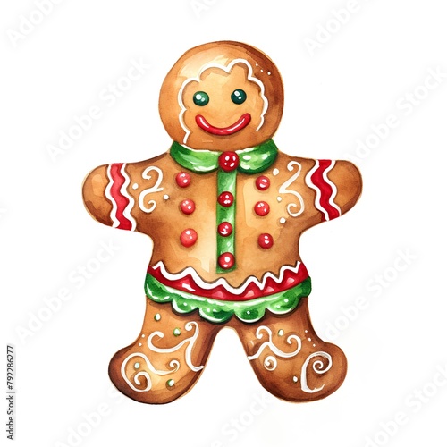 Christmas gingerbread man isolated on white background. Watercolor illustration.