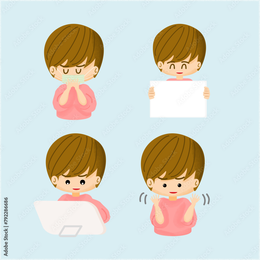 4 set of kid characters lifestyles ,boy have fever,using laptop, show blank white board and boy do no give up. 4 set of kid characters lifestyles ,boy have fever,using laptop, show blank white board and boy do no give up.