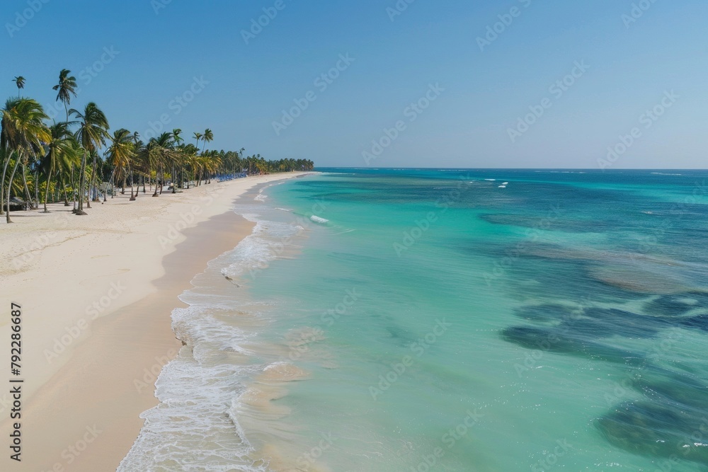 A beach with golden sand, palm trees and blue waters.