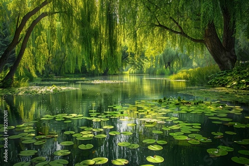 A pond surrounded by willow trees