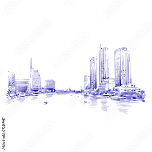Drawing background in blue of Bangkok riverside cityscape 