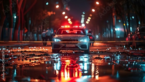 Police car with crime scene tape at night detectives investigating murder. Concept Crime Scene Investigation, Murder Mystery, Police Car, Detective Work, Nighttime Activity