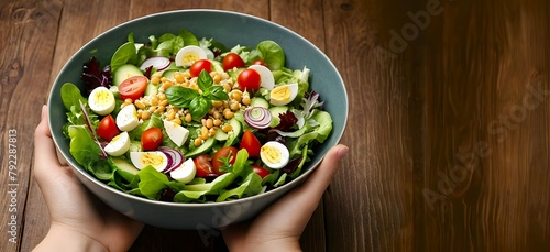 A presentation of healthy salad on a bowl on wooden background