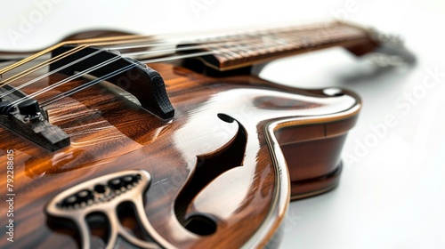 The intricate details of a mandolin shine against a white background, showcasing its unique sound and craftsmanship.