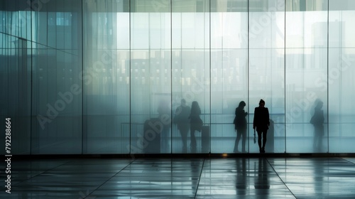 Misty Transparency The soft defocused glass facade of an office building reveals vague silhouettes of figures inside hinting at the anonymity and impersonal nature of the corporate . photo