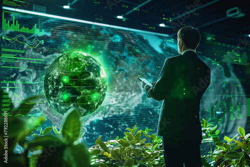 business leader presenting an eco-friendly earth model  surrounded by digital data and green technology interfaces
