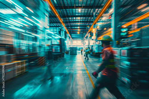 Busy logistic workers, soft blur warehouse interior, dusk lighting, technology style, close up