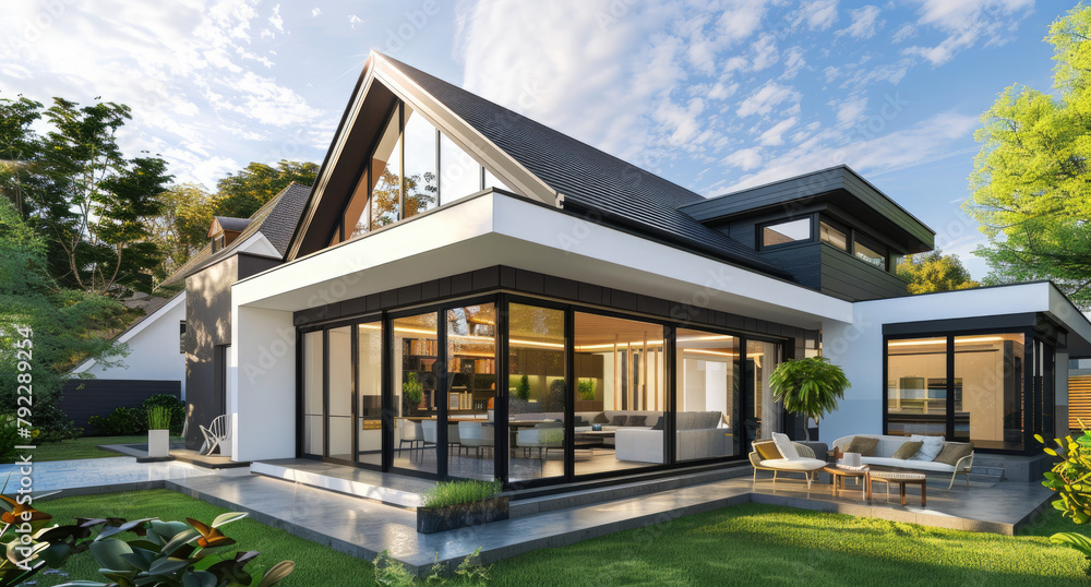 3D rendering of an exterior view, modern house with white walls and black roof. The left side has large windows on the ground floor that open to outside terrace with glass wall and sofa set