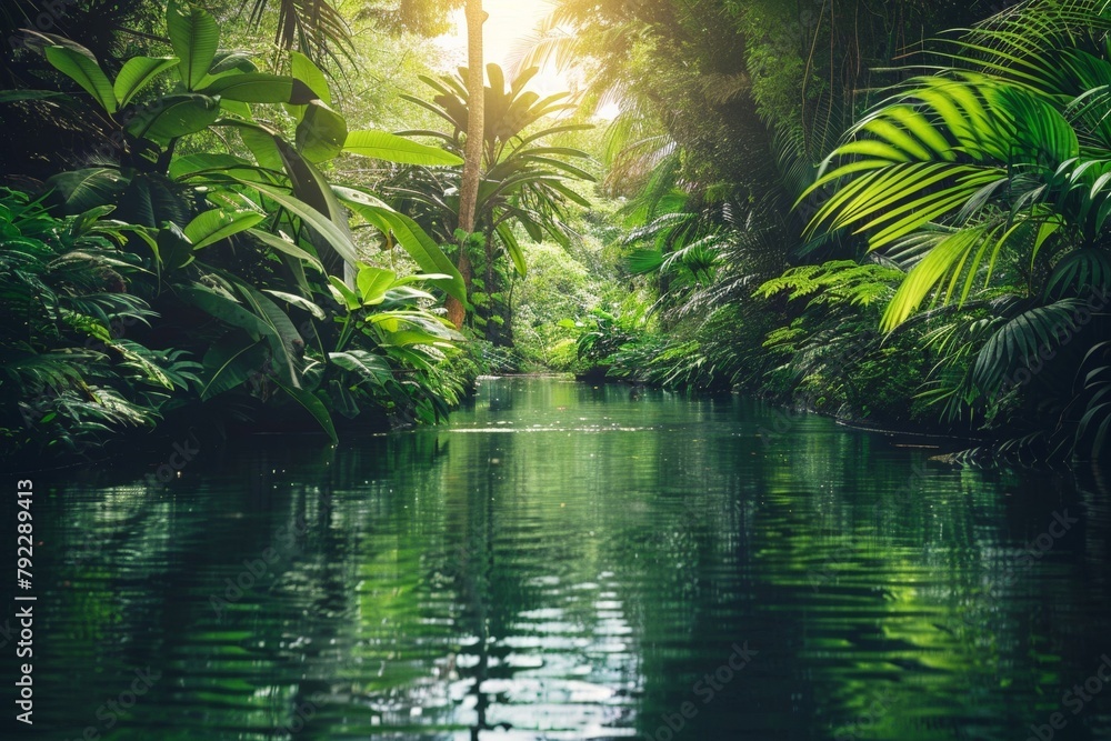 A tranquil river flowing through a lush tropical rainforest A tranquil river flowing through a lush tropical rainforest