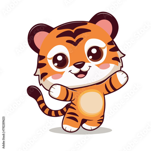 Funny cartoon  Tiger  Cute Kawaii Chibi Style Vector Illustration