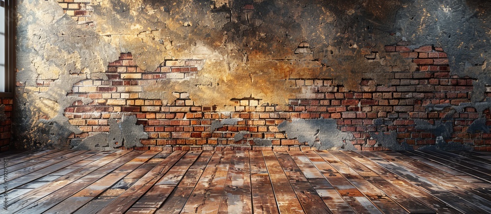 Rustic and aged chamber displays a weathered brick wall complemented by a classic wooden floor