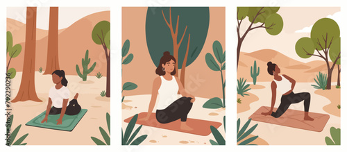 Tranquil in Nature - Vector Illustration of a Person Practicing Yoga on a Mat Outdoors with Scenic Background.