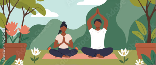 Tranquil in Nature - Vector Illustration of a Person Practicing Yoga on a Mat Outdoors with Scenic Background.