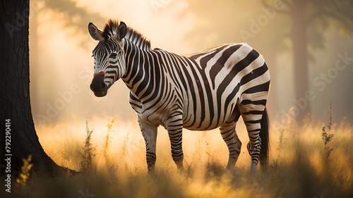  In the misty morning light of Africa  a majestic adult zebra stands gracefully amidst the dense foliage of a forest. The fog creates an ethereal atmosphere  diffusing the golden sunlight filtering th