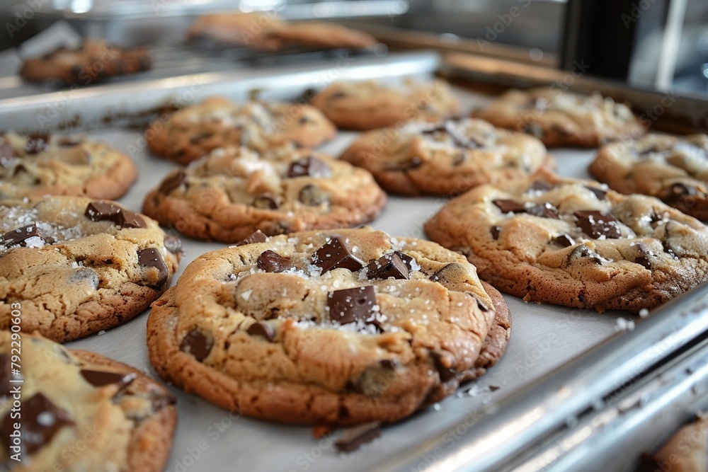 Tray of freshly baked chocolate chip cookies Tray of freshly baked chocolate chip cookies