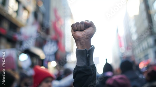 Fist Raised in Protest Close-up, Demonstrators in Background