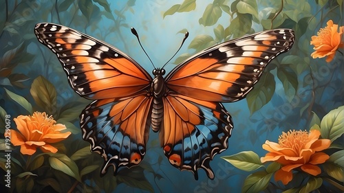  A magnificent brown and orange butterfly, its wings adorned with striking black patterns, dances gracefully among the lush foliage of Uganda's Forest National Park. The atmosphere is imbued with a se
