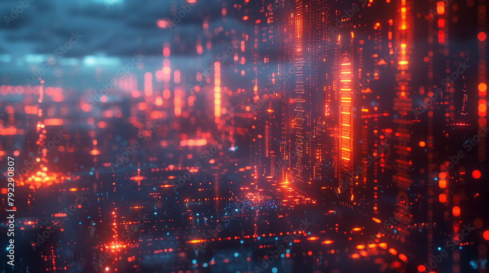3D rendering of red and orange glowing data flowing through the city, abstract digital landscape background cyberpunk style