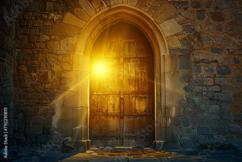 Castle door aglow with golden holy light, symbolizing success, dawn, majestic view