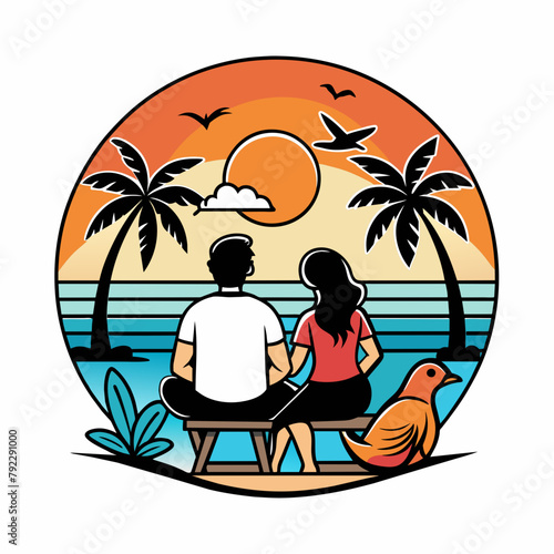 couple on the beach t shirt vector illustration