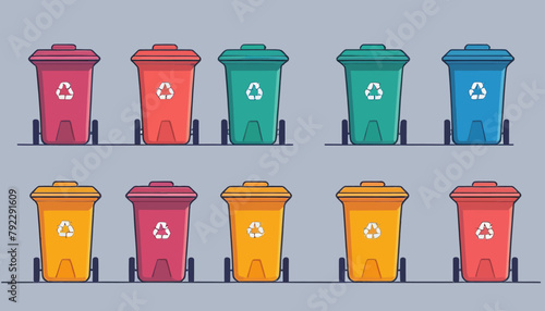 Minimalist Doodle of Multi-Colored Garbage Containers for Waste Sorting