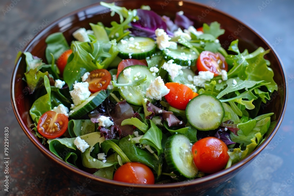 A colorful salad full of leafy greens. Cherry tomatoes, cucumber and crumbled feta cheese A colorful salad full of leafy greens. Cherry tomatoes, cucumber and crumbled feta cheese